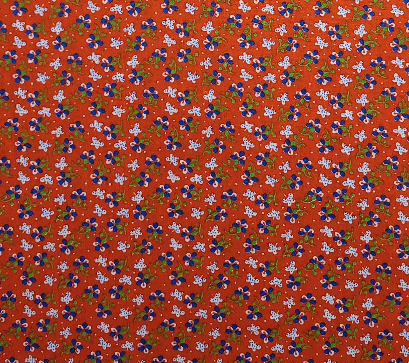 Red Fabric / Blue, White, Green Flower Print - Selvage to Selvage Print