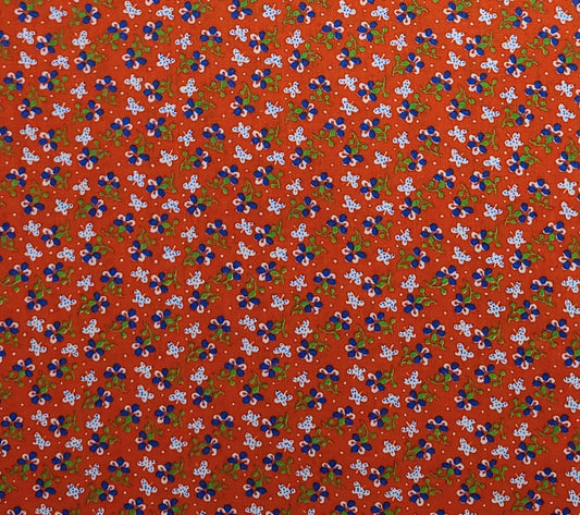 Red Fabric / Blue, White, Green Flower Print - Selvage to Selvage Print