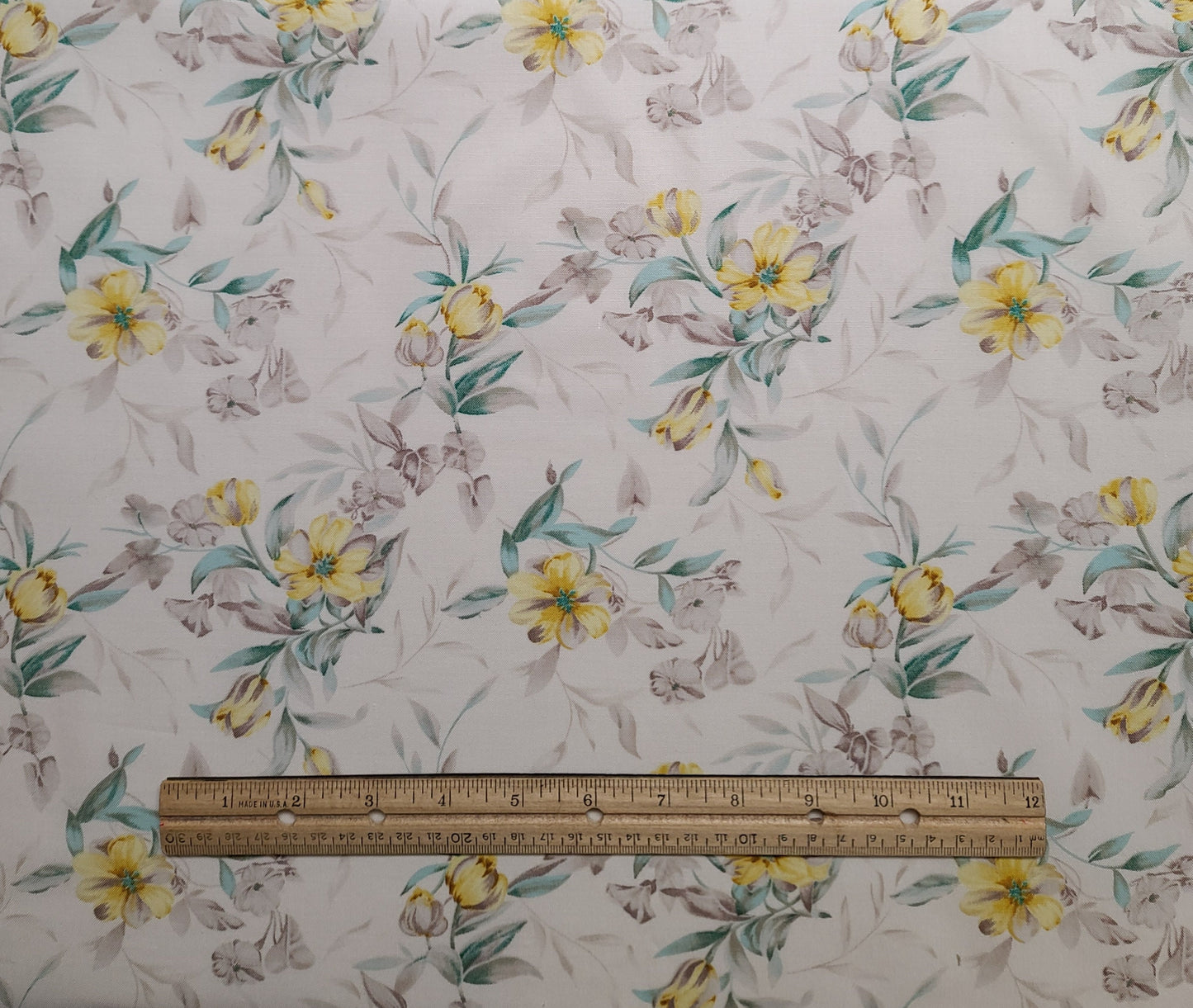 Beth Ann Bruske for David Textiles - Cream Fabric / Tan, Green, Yellow Flower and Leaf Print