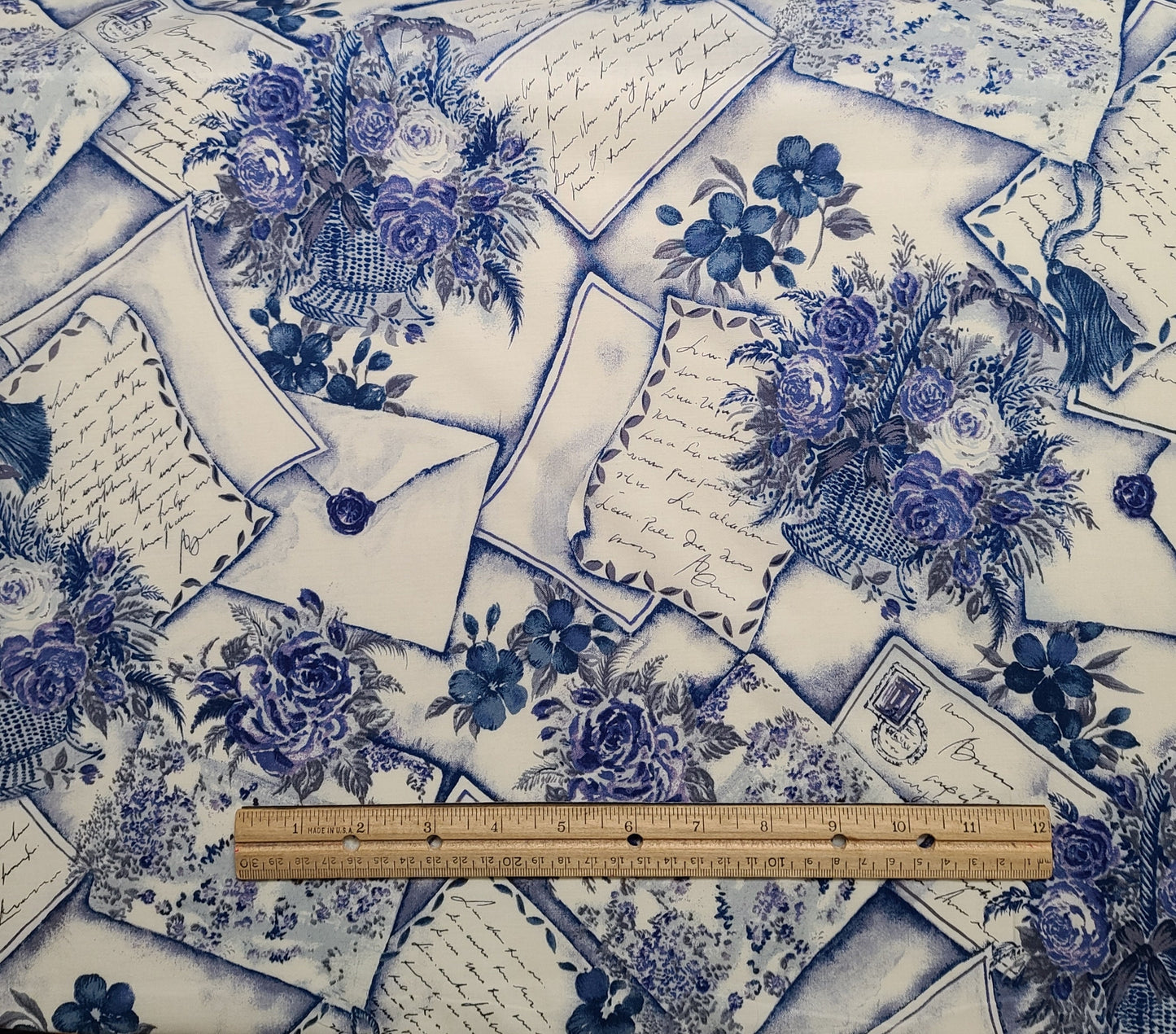 The Alexander Henry Collection - White Fabric / Navy, Royal, Purple Flower Bouquet and Postcard Print