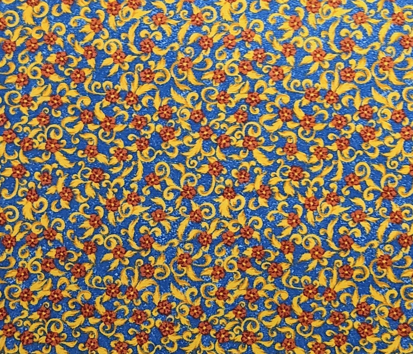 Provence by Fabri-Quilt Inc Design #8485 - Blue Fabric / Gold, Red Flower and Scroll Print