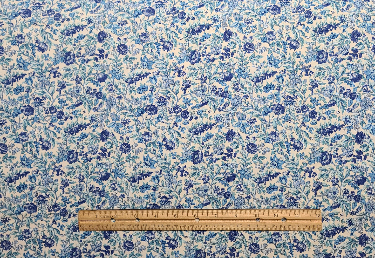 Concord Fabrics Inc - White Fabric / Teal, Dark Blue Flower Print