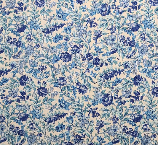 Concord Fabrics Inc - White Fabric / Teal, Dark Blue Flower Print