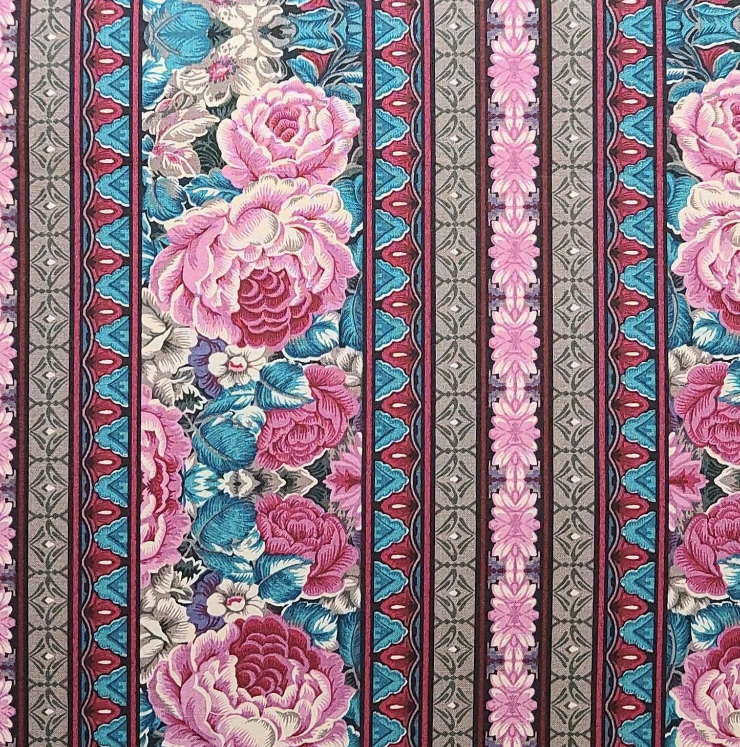 Victorian Lady by Jinny Beyer for RJR Fashion Fabric - Border Stripe Print Fabric - Mauve, Pink, Hunter Green, Brown Floral Print