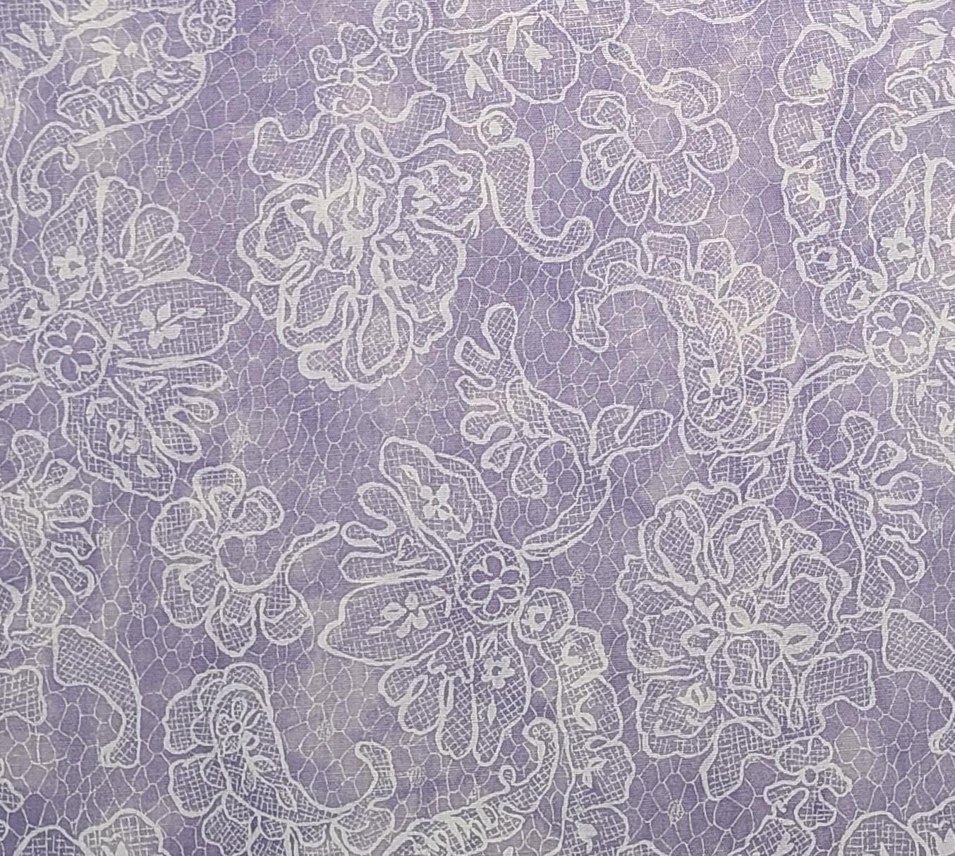 Lavender Tonal Fabric / White Lace Print - Selvage to Selvage Print