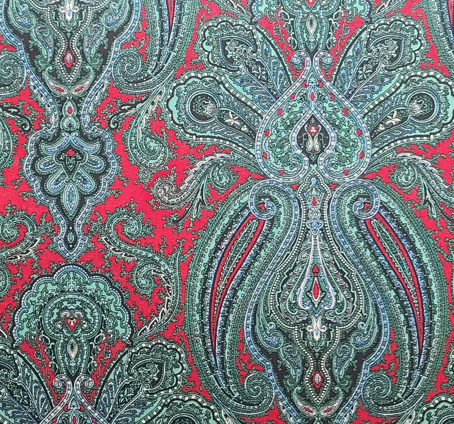 Charleston by Jinny Beyer for RJR Fashion Fabrics - Dark Red Fabric / Green, Blue, White Giant Paisley and Medallion Print