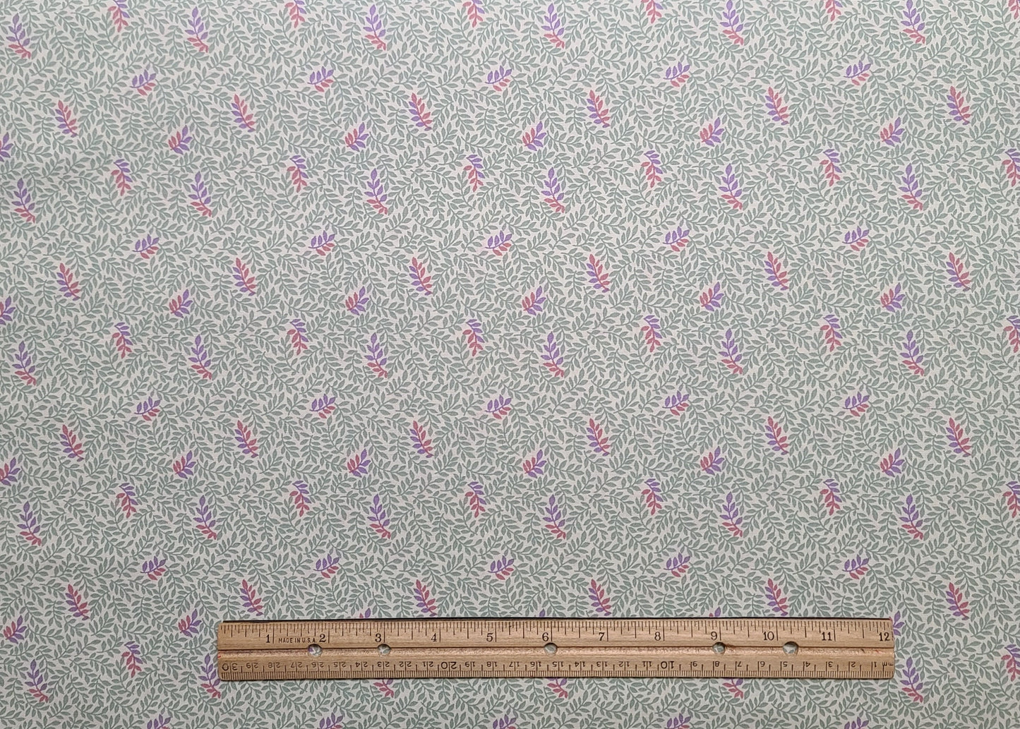 Springs Industries Inc - Soft White Fabric / Green and Lavender Rose and Leaf Print