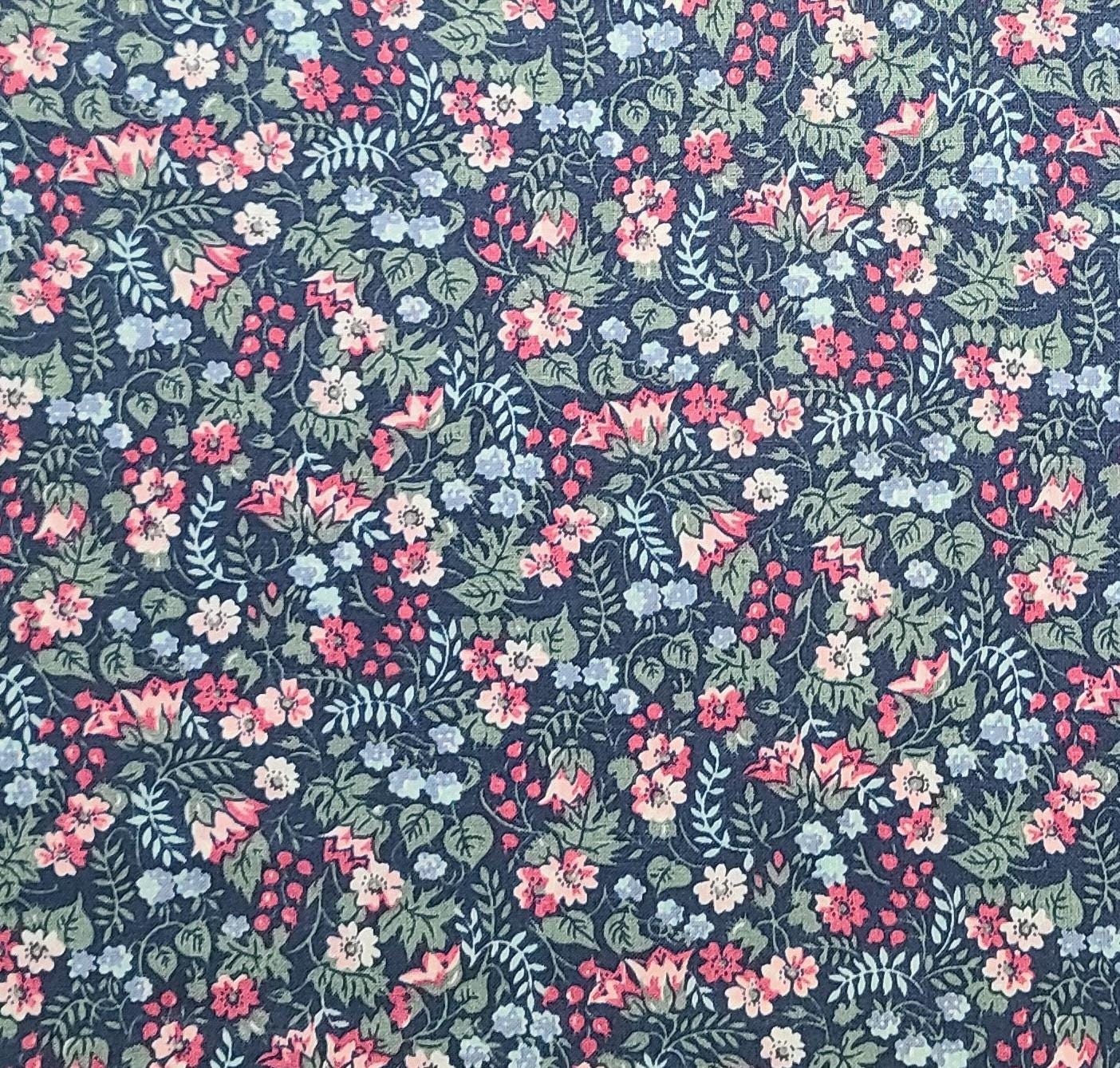 Navy Blue Fabric / Pink, Blue, White Flower Print - Selvage to Selvage Print