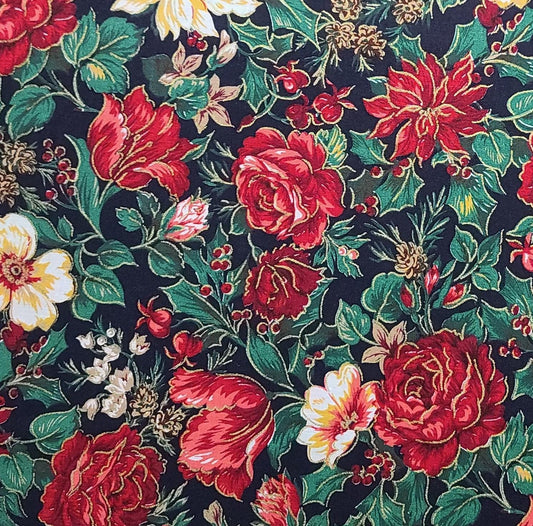 VIP Cranston Print Works - Black Fabric / Red, White, Green, Brown Rose, Poinsettia, Holly Print / Gold Metallic Accents