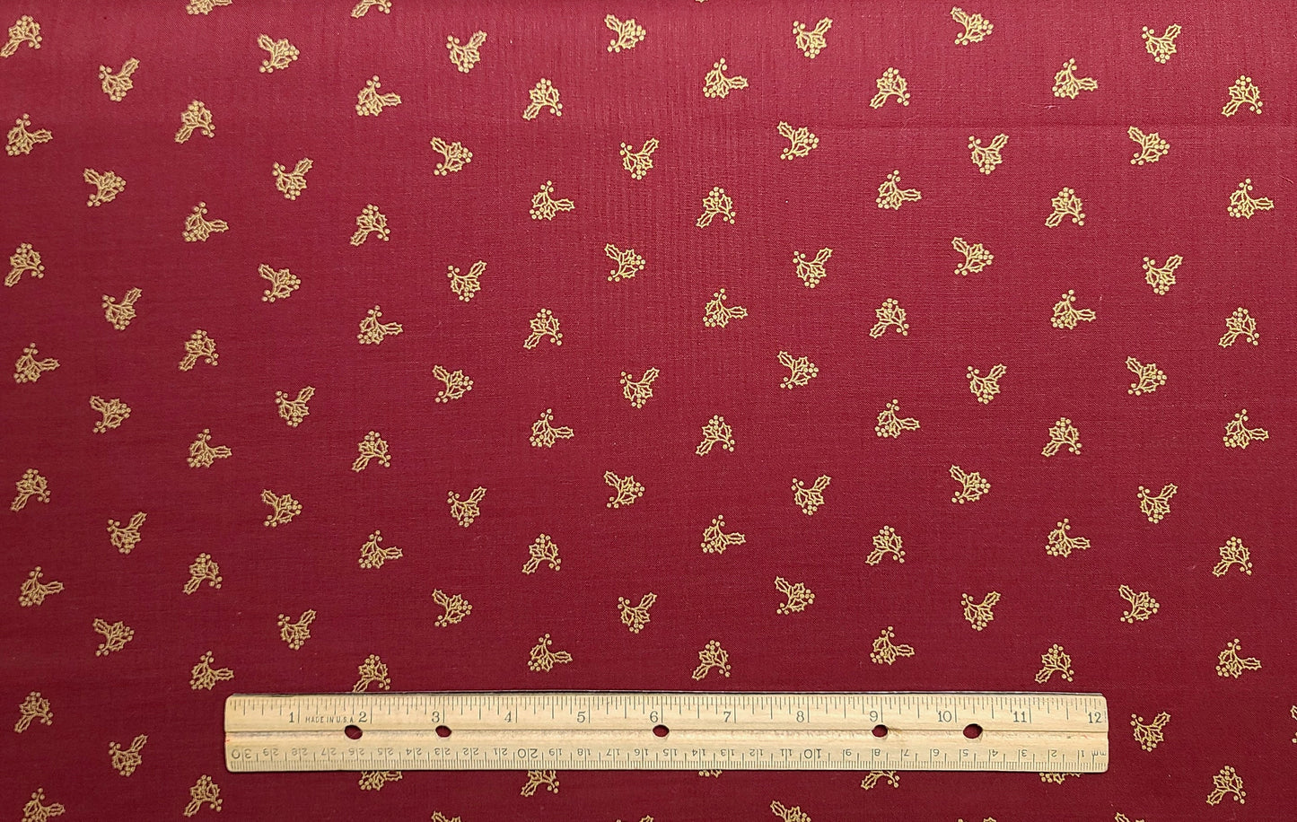 JoAnn Fabrics - Cranberry Colored Fabric / Gold Metallic Holly Print