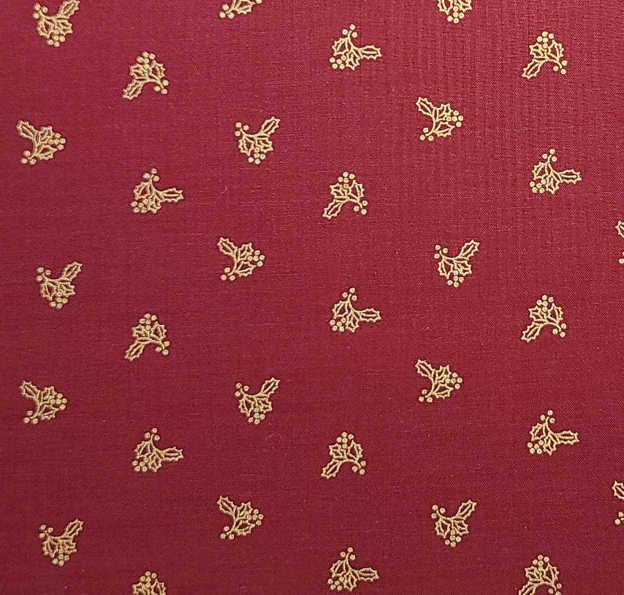 JoAnn Fabrics - Cranberry Colored Fabric / Gold Metallic Holly Print