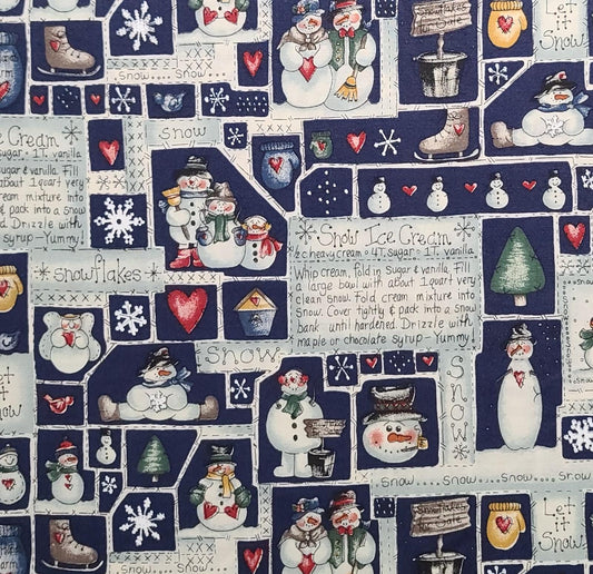 Dark Blue Block, Cartoon-Style Snowman Print / Snow Cream Recipe - Selvage to Selvage Print