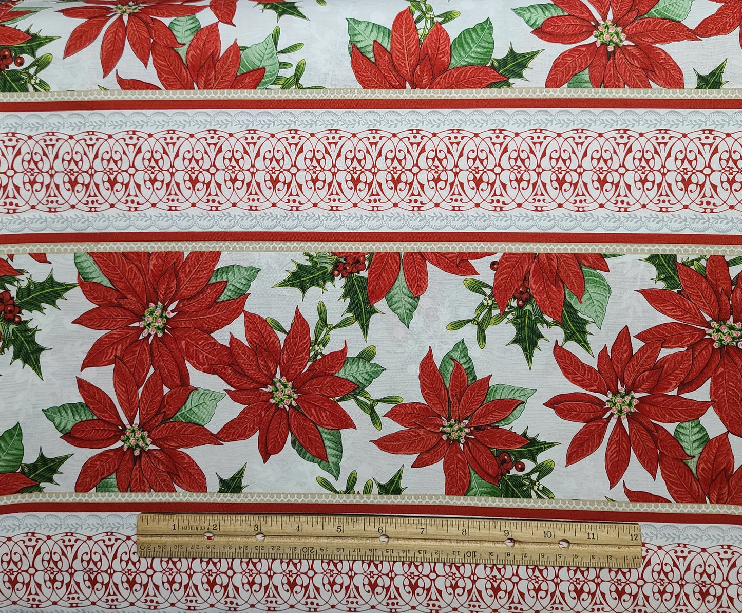 Winter Lodge by Studio Frivolite Patt #3303 - White Fabric / Holly, Poinsettia / Green, Gray, Red, Gold Border Stripe Print