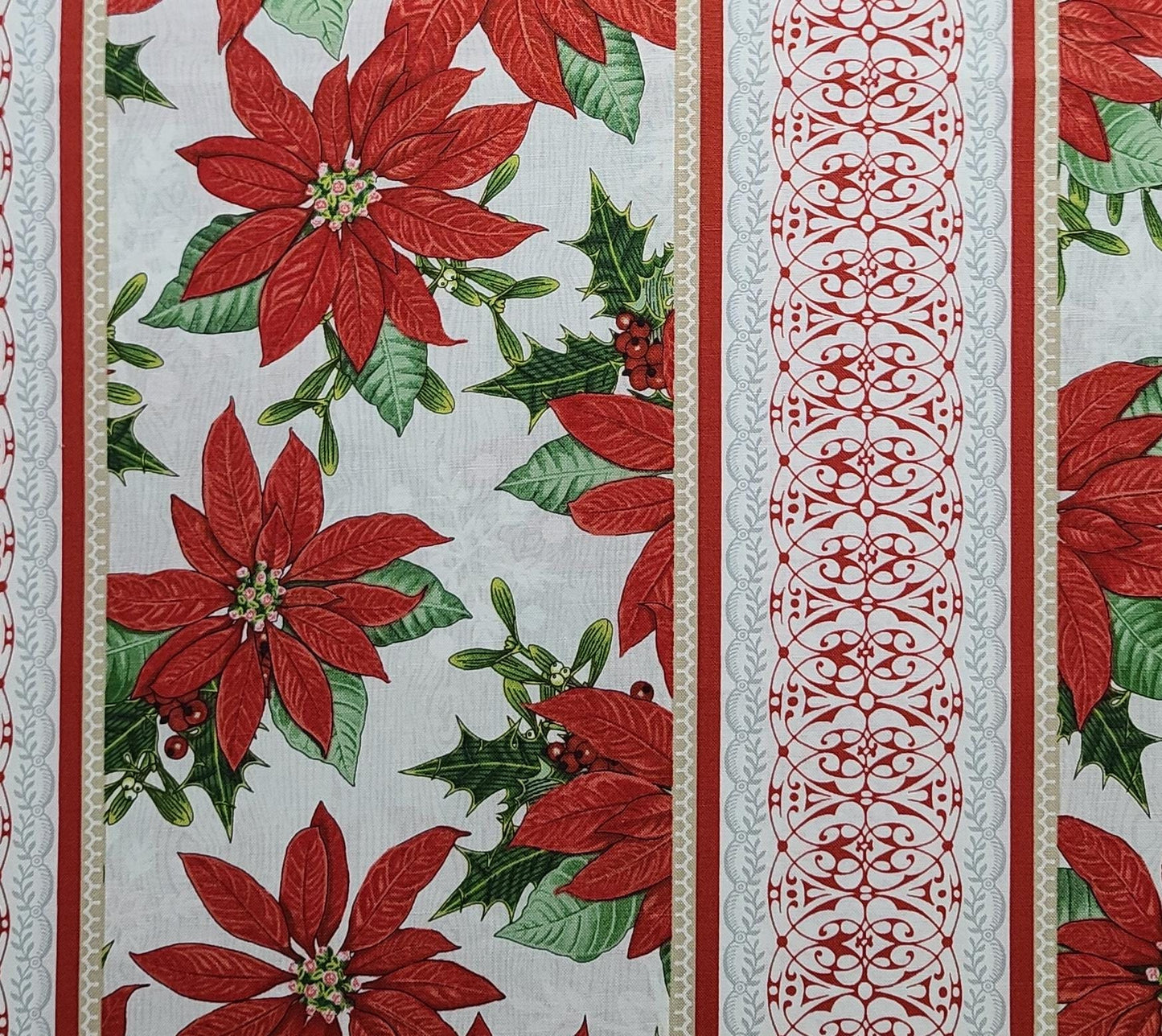 Winter Lodge by Studio Frivolite Patt #3303 - White Fabric / Holly, Poinsettia / Green, Gray, Red, Gold Border Stripe Print