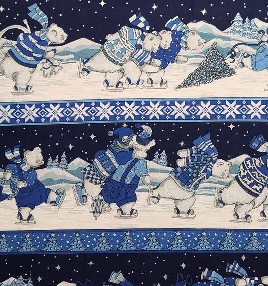 Concord Fabrics Designed by the Kesslers - White, Dark Blue, Light Blue Skating Polar Bear Border Stripe Print Fabric / Silver Metallic Foil