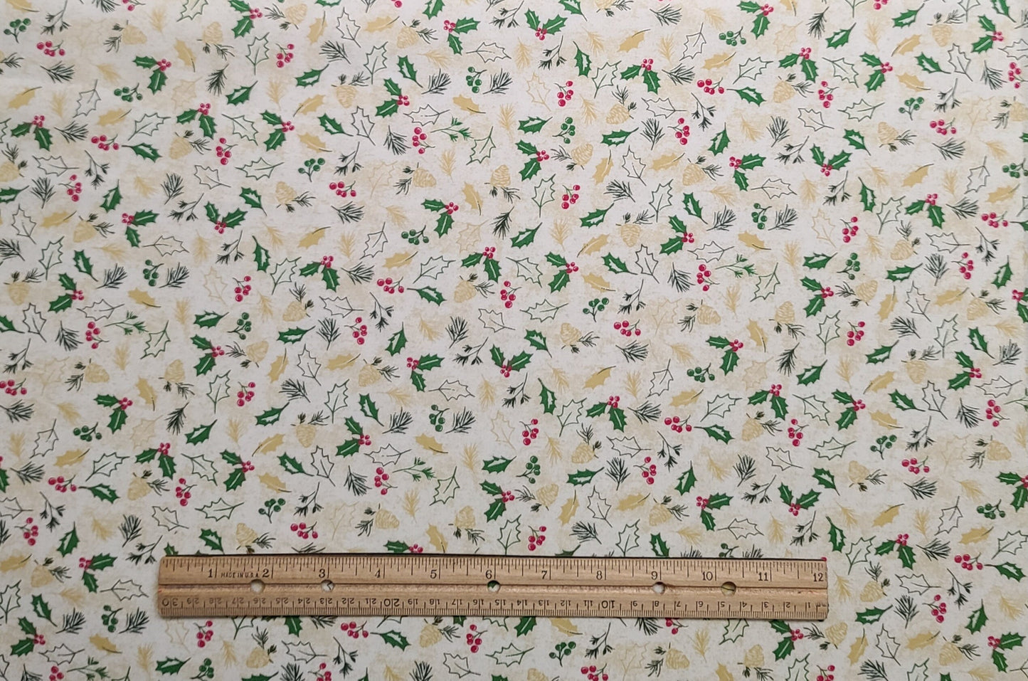 White Fabric / Gold, Green, Red Holly and Pine Cone Print - Selvage to Selvage Print