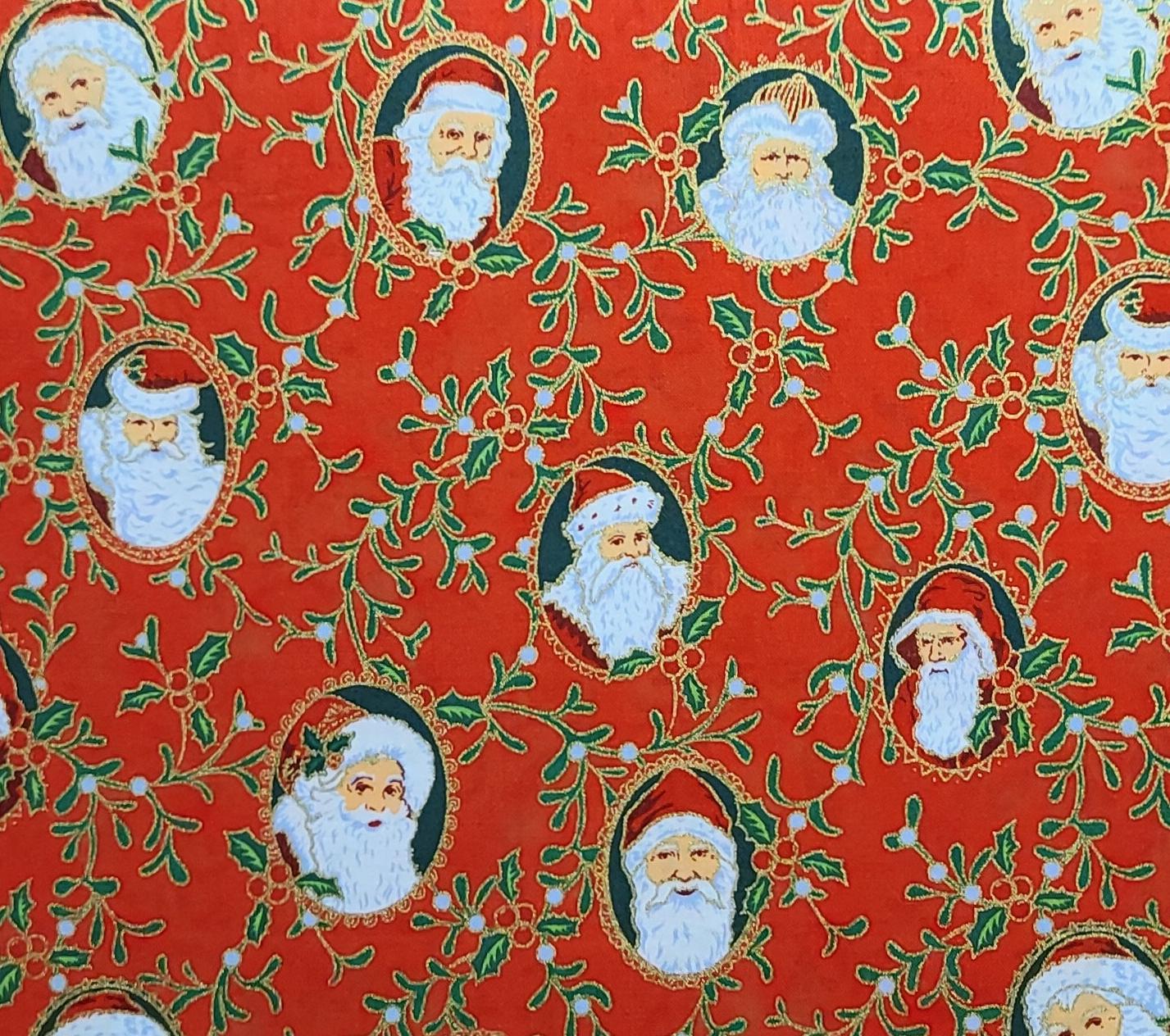 JoAnn Fabrics - Red Fabric / Green Holly Print / Vintage Santa Cameo