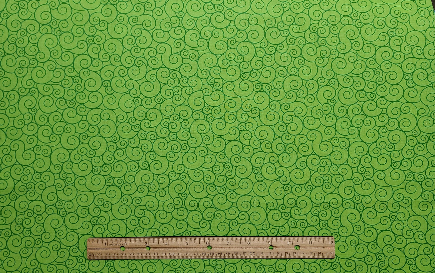 Bright Green Fabric / Green Scroll Print - Selvage to Selvage Print