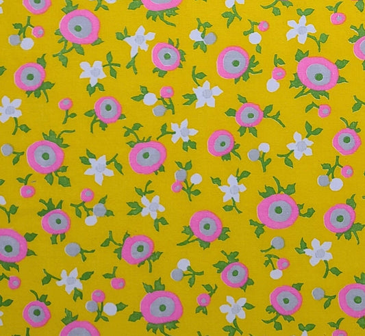 EOB - Vintage 36" WIDE Yellow Fabric / Bright Pink, White, Green Flower Print - Selvage to Selvage Print