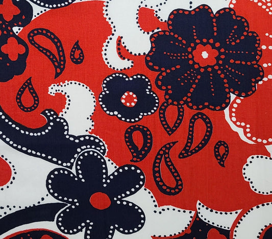 Red, White, Midnight Blue Giant Paisley Flower Print Fabric - Selvage to Selvage Print