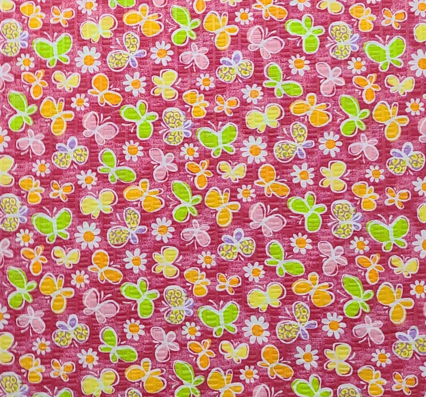 Seersucker - Raspberry Colored Fabric / Bright Green, Yellow, Orange Butterfly and Flower Print - Selvage to Selvage Print