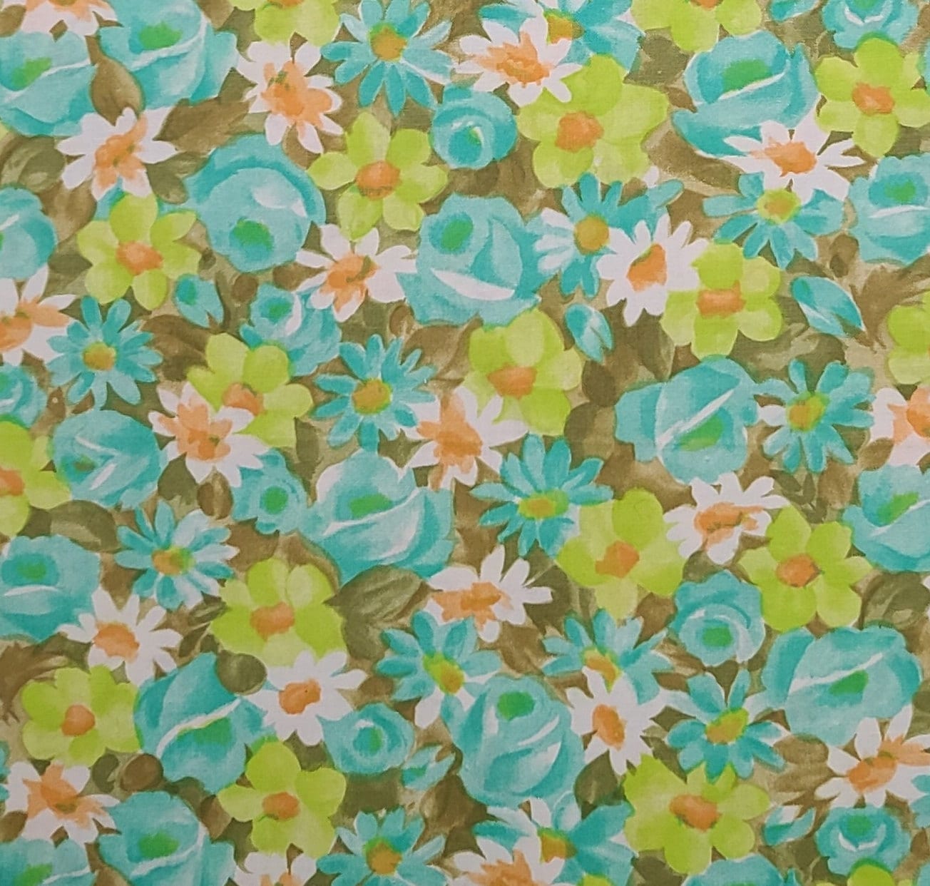 Vintage 36" WIDE White, Aqua, Olive Allover Flower Print Fabric - Selvage to Selvage Print