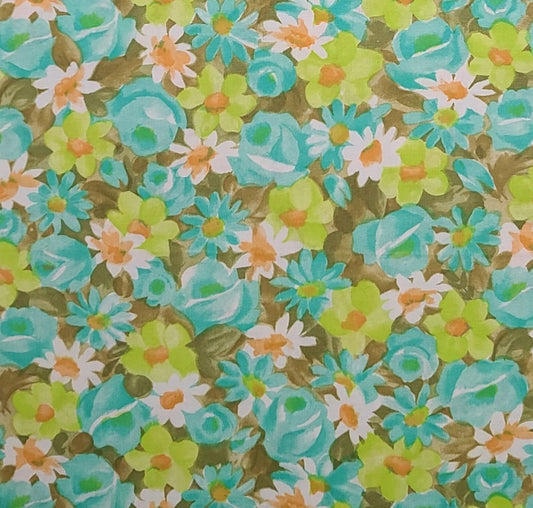 Vintage 36" WIDE White, Aqua, Olive Allover Flower Print Fabric - Selvage to Selvage Print