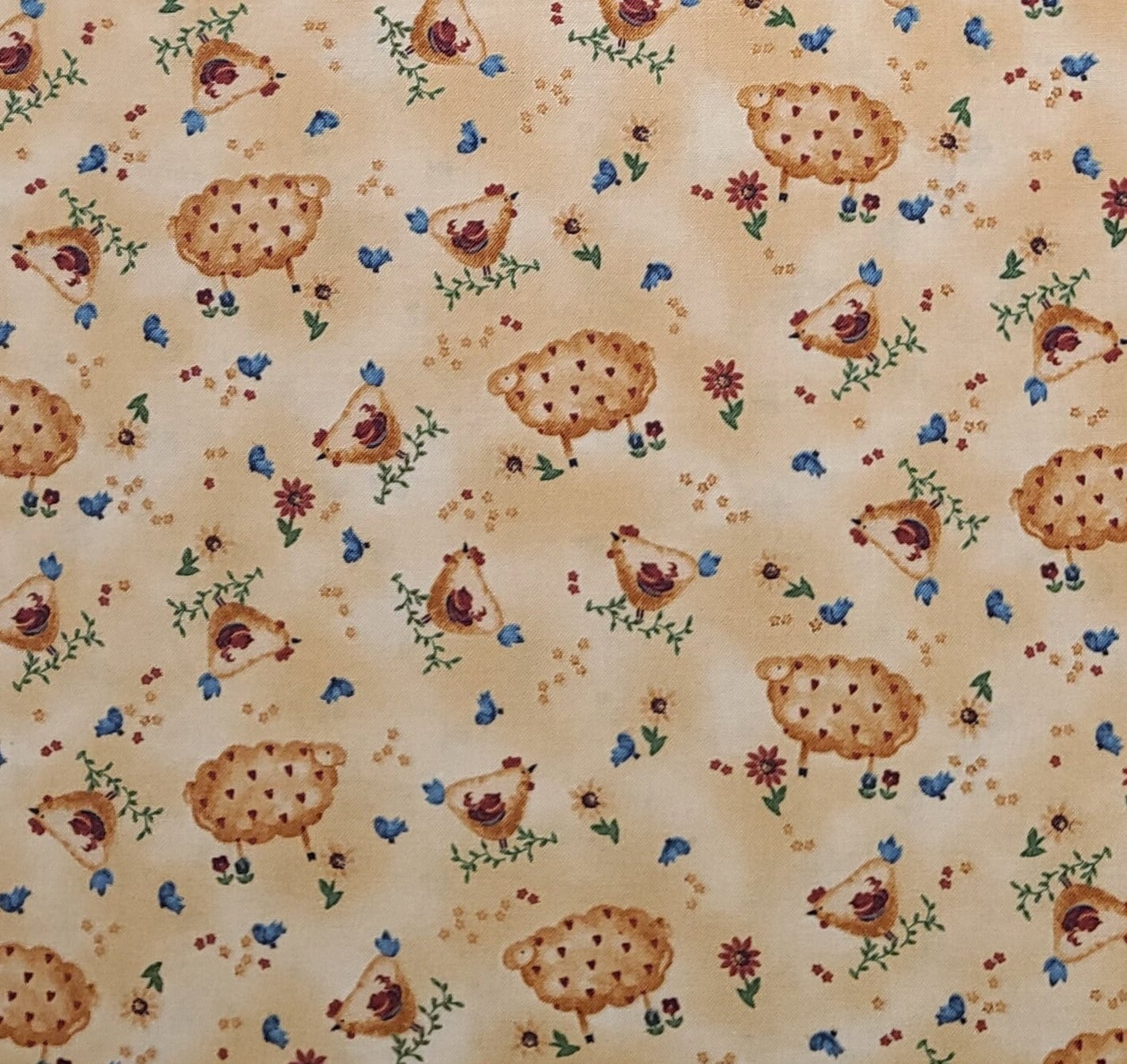 Country Cousins by Anna Fishkin for Red Rooster Fabrics DSN#16231 - Golden Tan Tonal Fabric / Cartoon-Style Sheep, Chicken, Bluebird Print