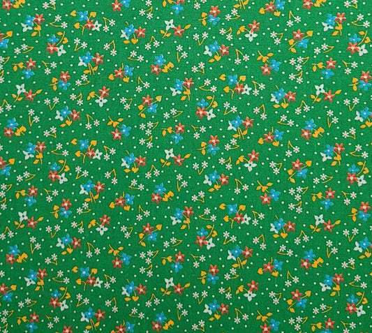 Green Fabric / Vintage Red, White, Gold, Blue Flower Print