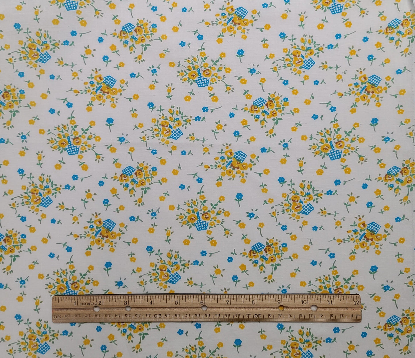 Vintage 35" WIDE White Fabric / Gold, Blue Flower Basket Print - Selvage to Selvage Print