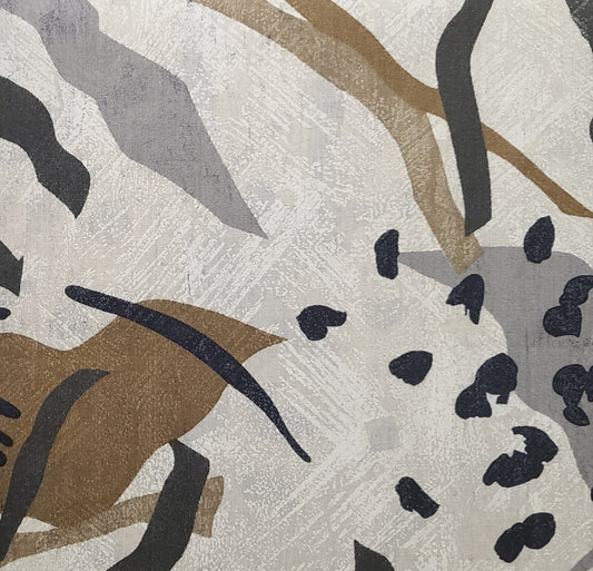 60" WIDE Cream, Khaki, Tan and Gray Tonal Fabric / Brown, Black, Gray Print