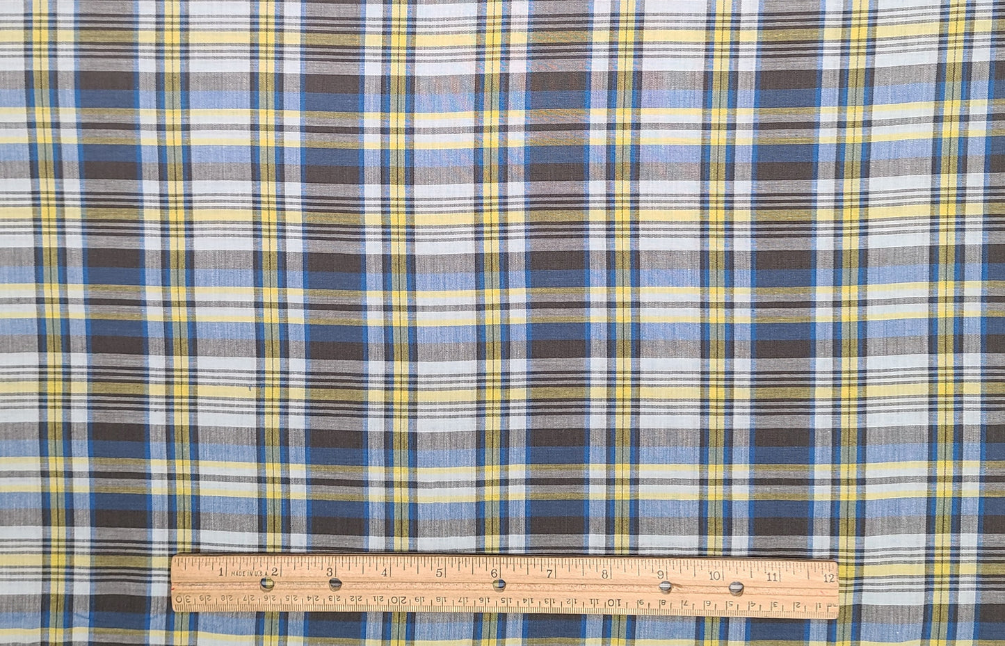 Vintage 45" WIDE Brown, White, Blue, Yellow Plaid Shirtweight Fabric