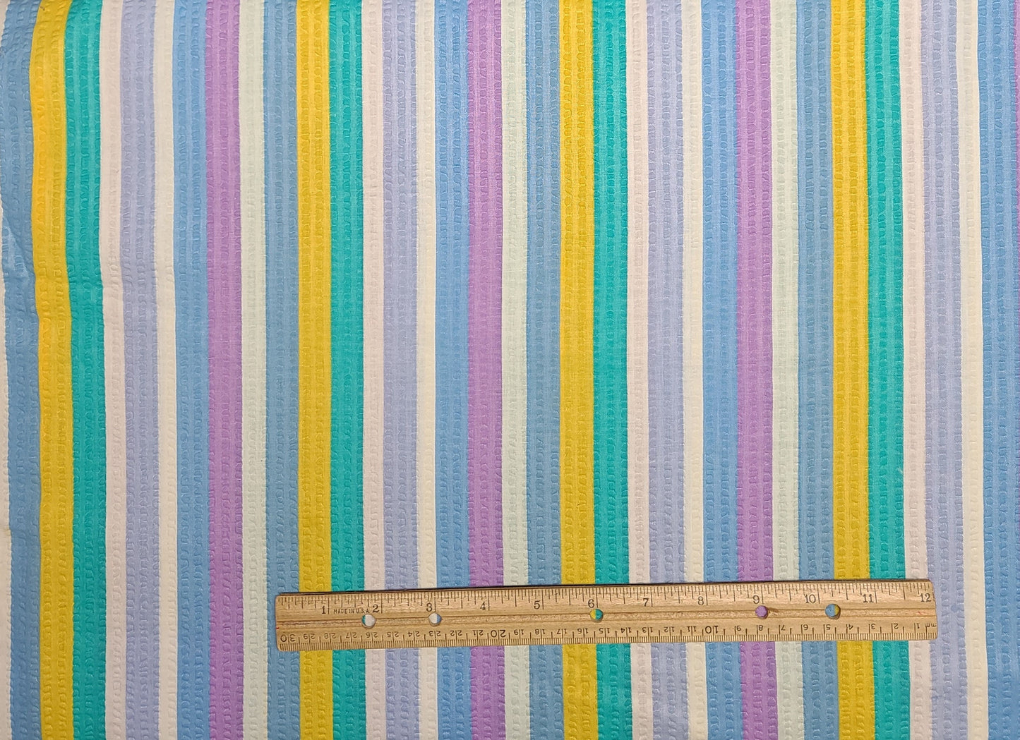 Vintage Crinkle Cotton Vertical Stripe (Parallel to Selvage) Fabric - Orchid, Lavender, White, Aqua, Pale Blue - Selvage to Selvage Print