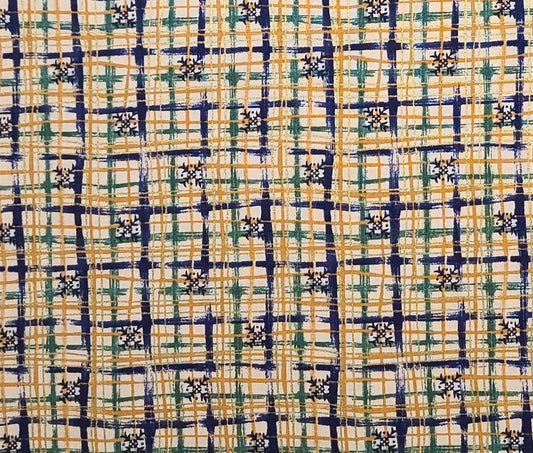 Beth Ann Bruske for David Textiles Inc - Light Khaki, Navy, Green, Gold, Metallic Gold Windowpane Plaid Fabric / Blue Snowflake