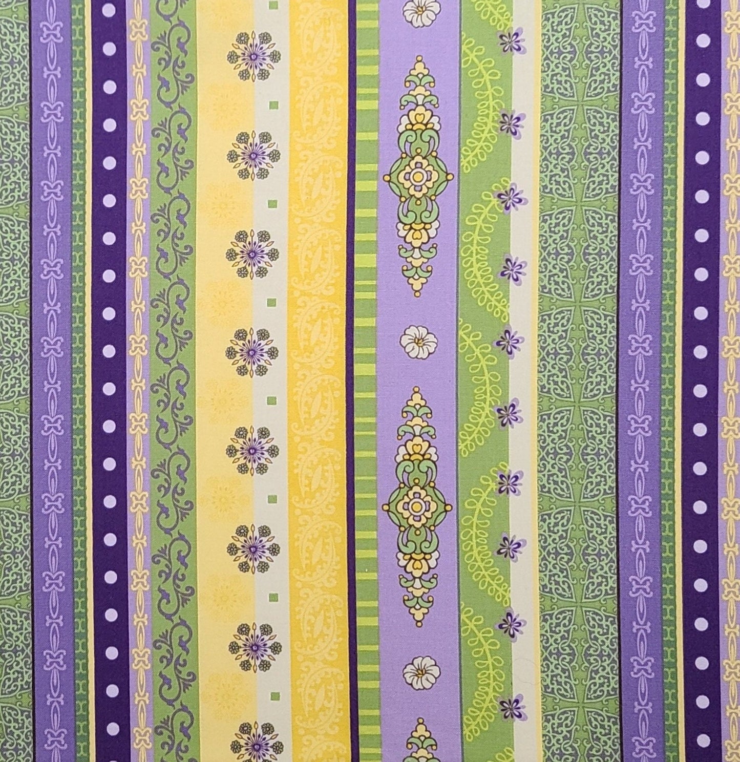 EOB - Sotto BJ Lantz for Studio E Fabrics - Border Stripe Print Fabric / Bright Green, Yellow, Purple Flower, Butterfly Medallion Print