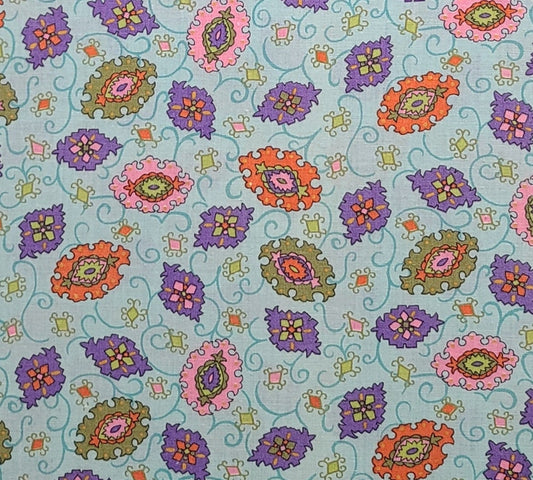 Light Aqua Fabric / Purple, Orange, Green, Pink Medallion Print