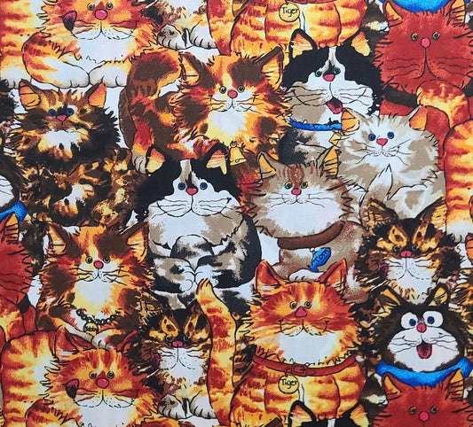 Jelly Bean Junction MM Fab Inc - White, Red, Brown, Blue Allover Cartoon-Style Cat Print Fabric