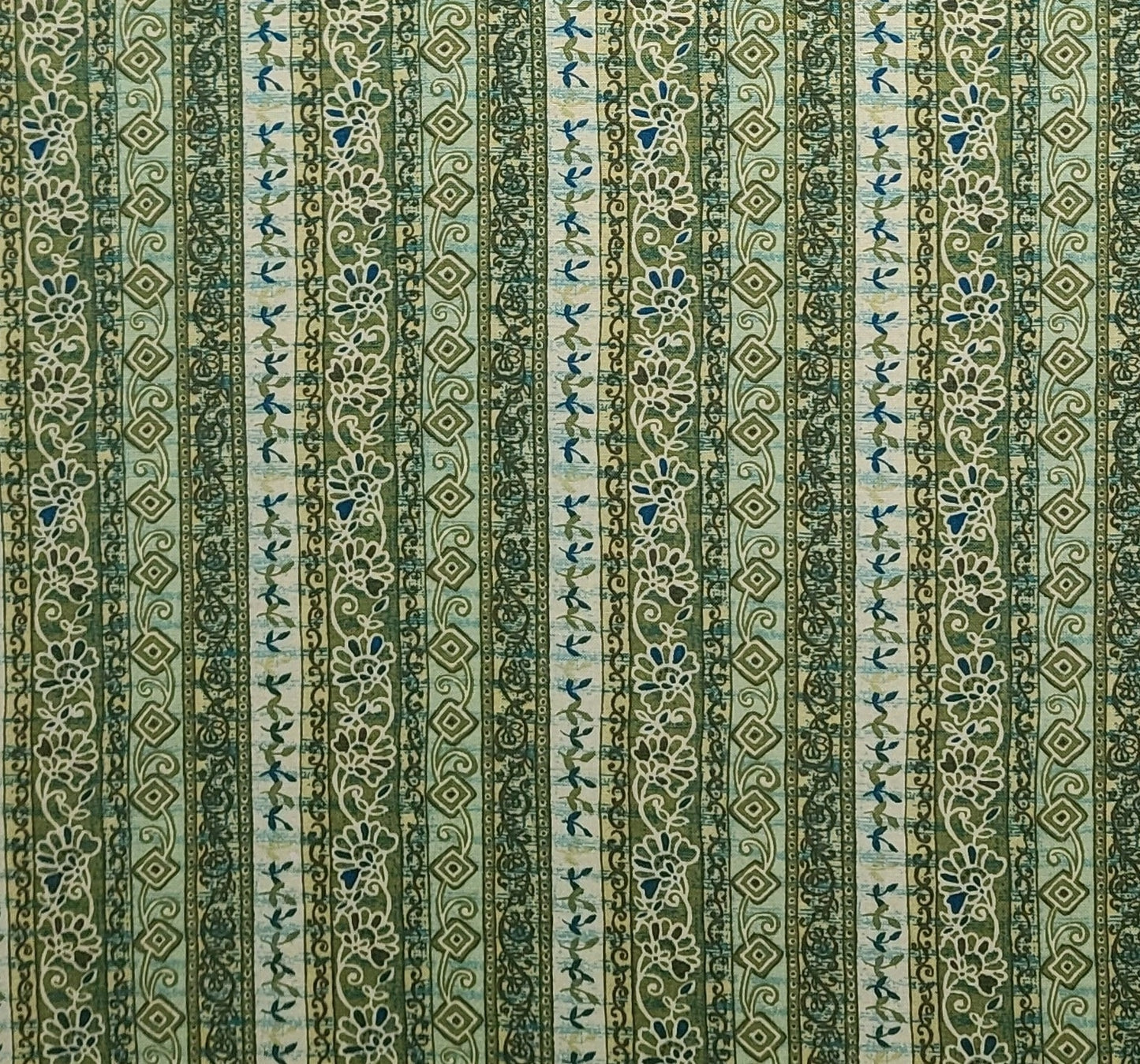 Classic Cottons 2000 - Green Tonal Border Stripe Print Fabric