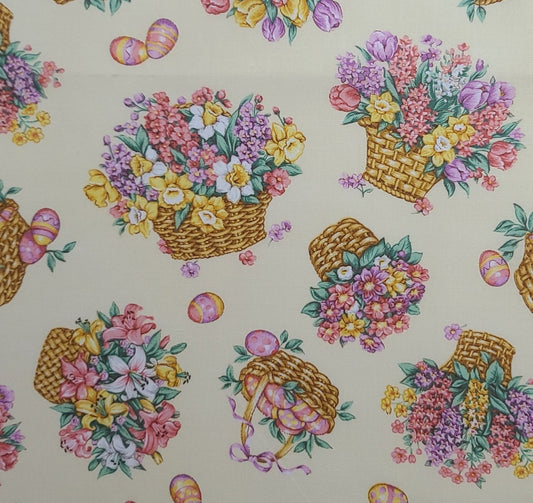 Pale Yellow Fabric / Easter Basket Print / Flowers and Easter Eggs