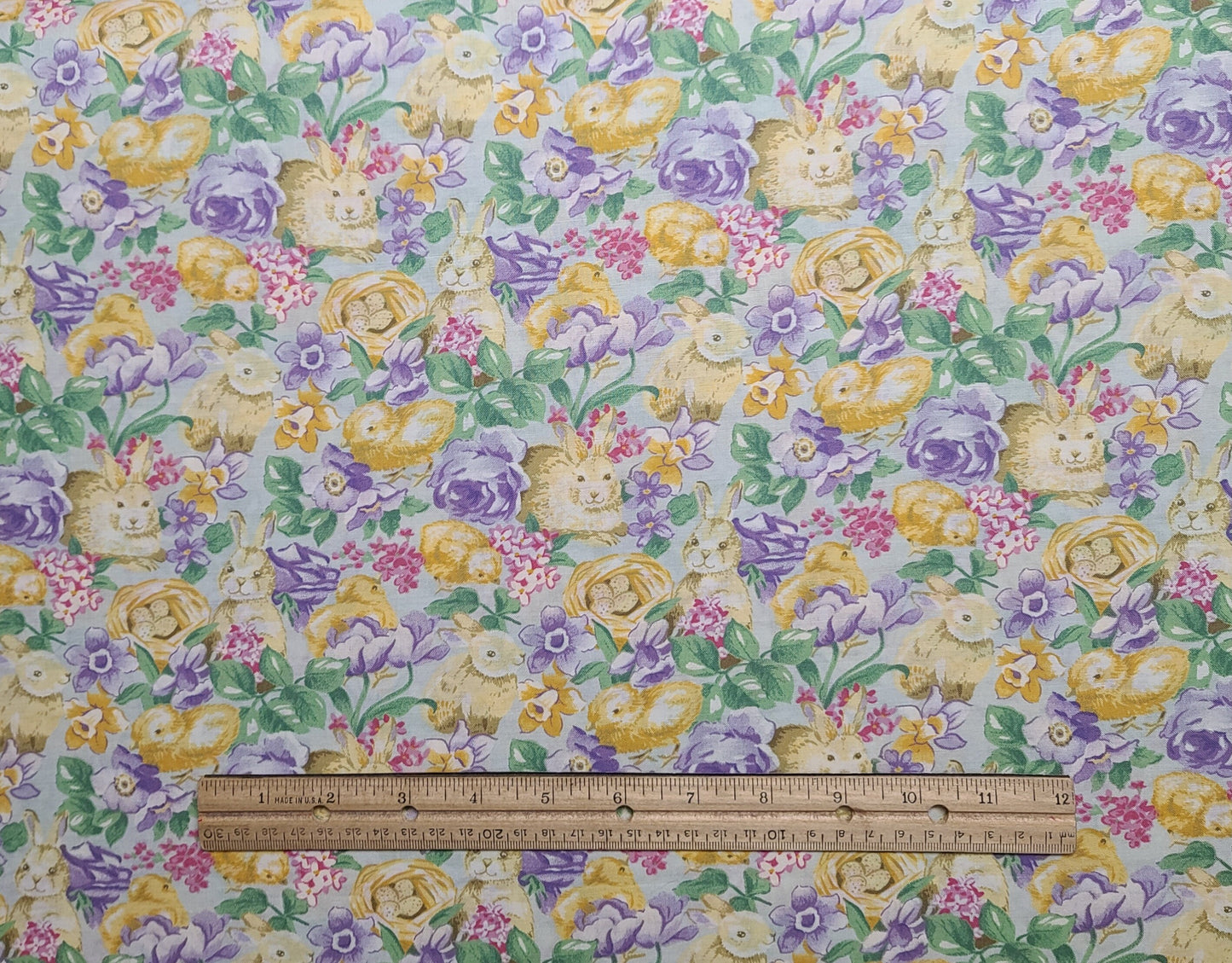 Concord Fabrics Inc - Pale Mint Fabric / Gold, Tan, Purple Easter Print / Bunny, Chicks, Flowers