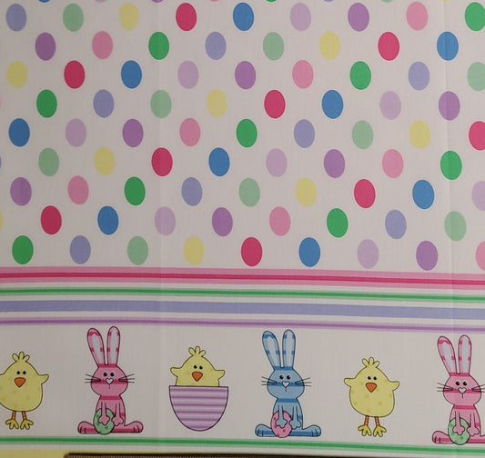 EOB - JoAnn Fabrics Patt JAS27235 - White Double Border Stripe Fabric / Bright Pastel Easter Bunny, Chicks, Egg Print