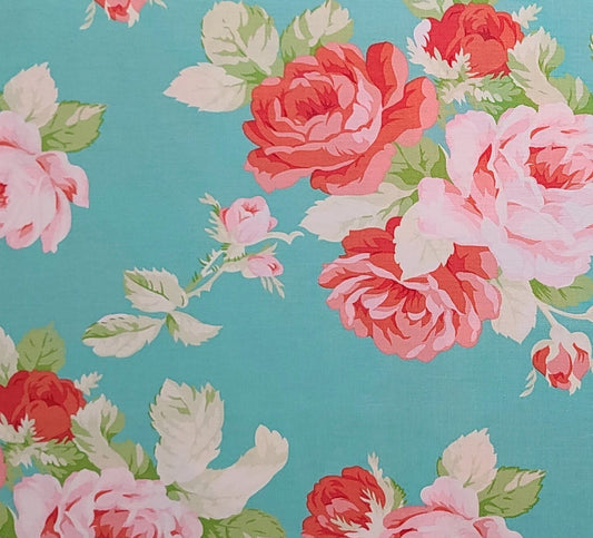 Fabric Traditions 2018 - Seafoam Fabric / Large Red, Pink Flower Print