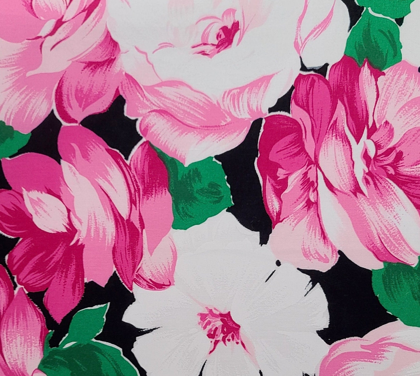 John Kaldor FCNA - Black Fabric / Giant Pink, White, Green Flower Print