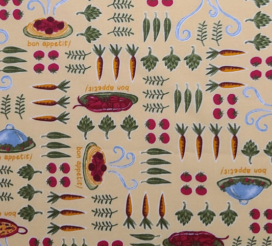 Daisy Kingdom #0155 Bone Appetite Veggies Jennifer Brinley for Springs - Gold Tonal Fabric / Red, Orange, Green Vegetables and Cooking Print