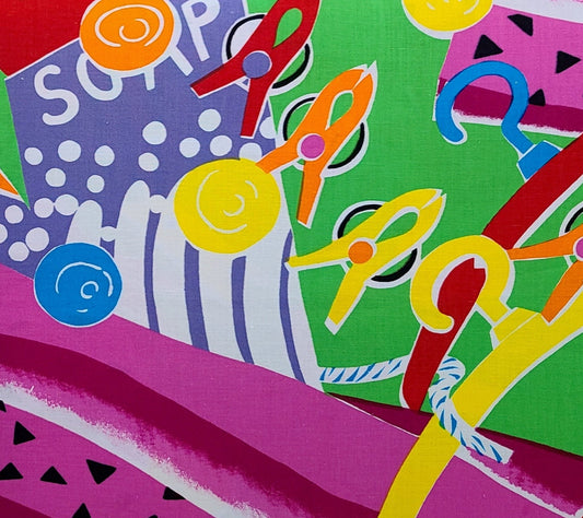 Brightly Colored Laundry Line Print Fabric / Clothespins, Hangers - Selvage to Selvage Print