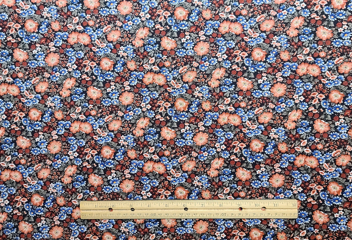 VIP Cranston Print Works - Black Fabric / Coral, Blue, White, Red Allover Packed Flower Print