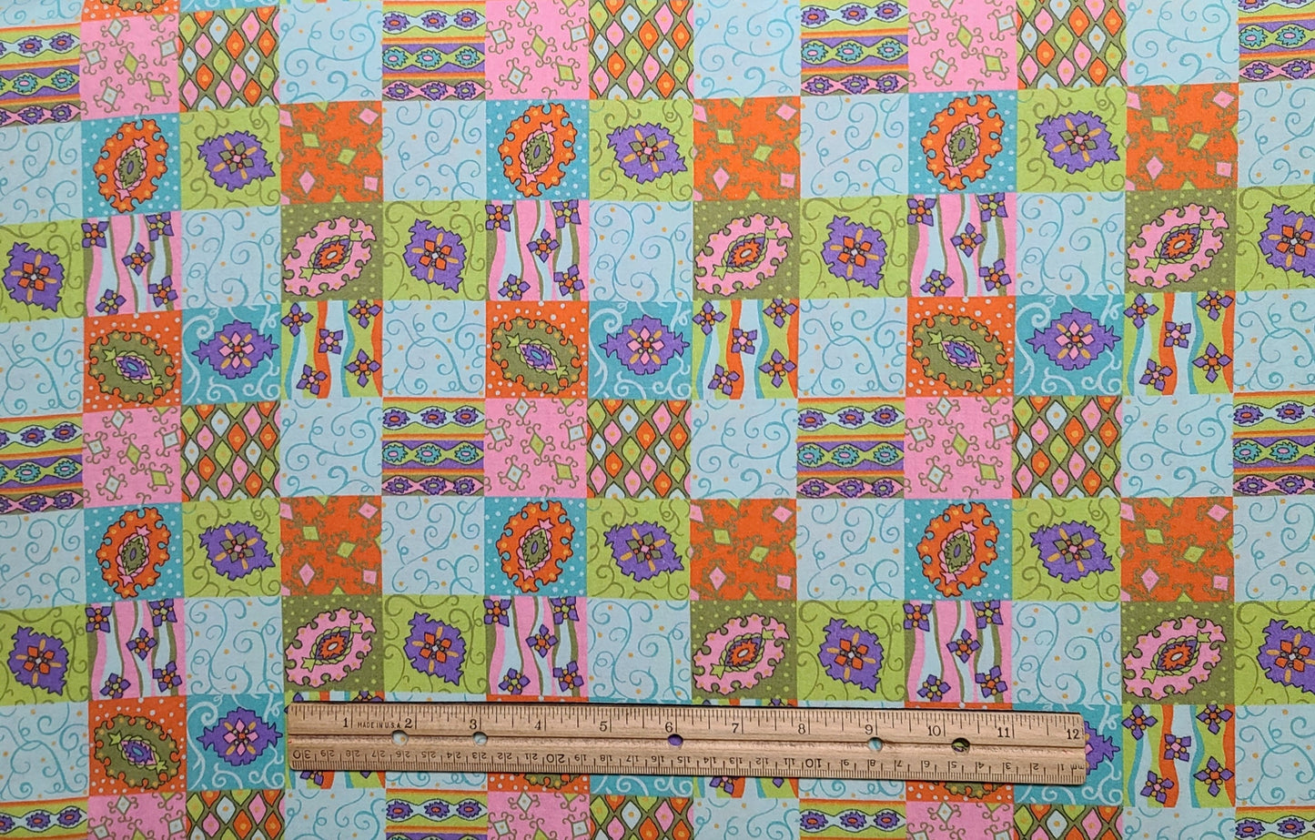 Light Aqua Fabric / Purple, Orange, Green, Pink Medallion Block Print