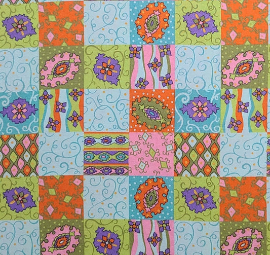 Light Aqua Fabric / Purple, Orange, Green, Pink Medallion Block Print