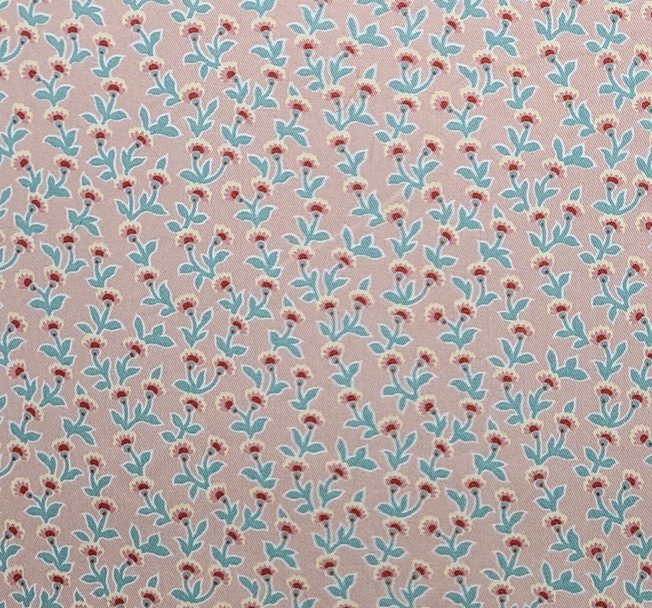 P Kaufmann - Light Salmon 54" WIDE Lightweight Denim Fabric / Dark Mint Green and Coral Flower Print