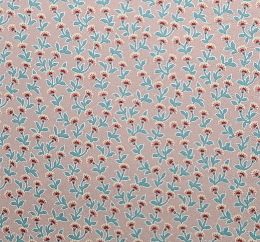 P Kaufmann - Light Salmon 54" WIDE Lightweight Denim Fabric / Dark Mint Green and Coral Flower Print